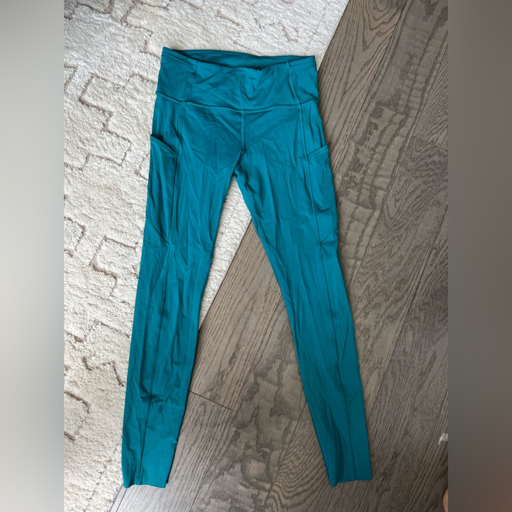 LuluLemon Fast and Free Teal Leggings with Pockets & Raw Hem
